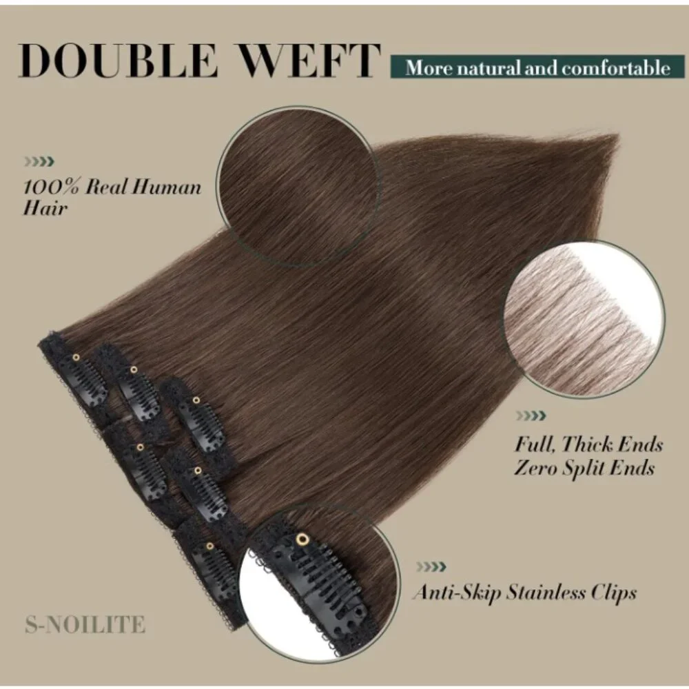 100% Real Human Hair Extensions - 6 Clip-In Hairpieces - 10